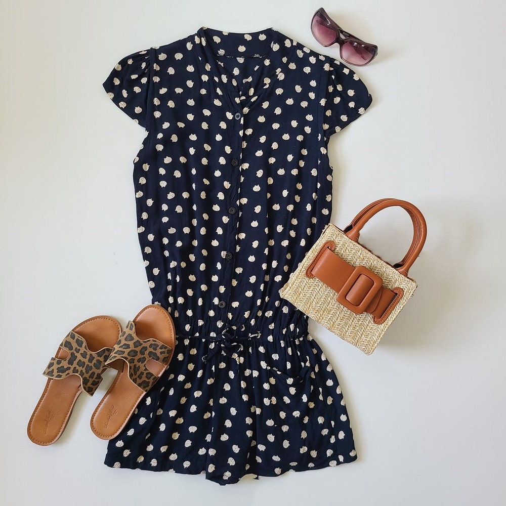 Cat Romper Navy White Short Sleeve Small